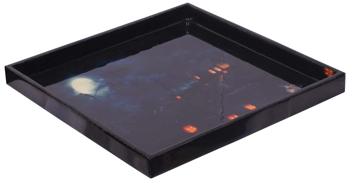 Buy in Bulk Wholesale Serving Tray in MDF - Black - 8” Hand-Crafted Decorative Tray with ‘Halloween-Scene’ Pattern - Classic Serve-Ware/Decor from India